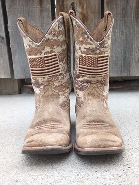 Ariat Kids Tan Desert Camo Western Boots with American Flag